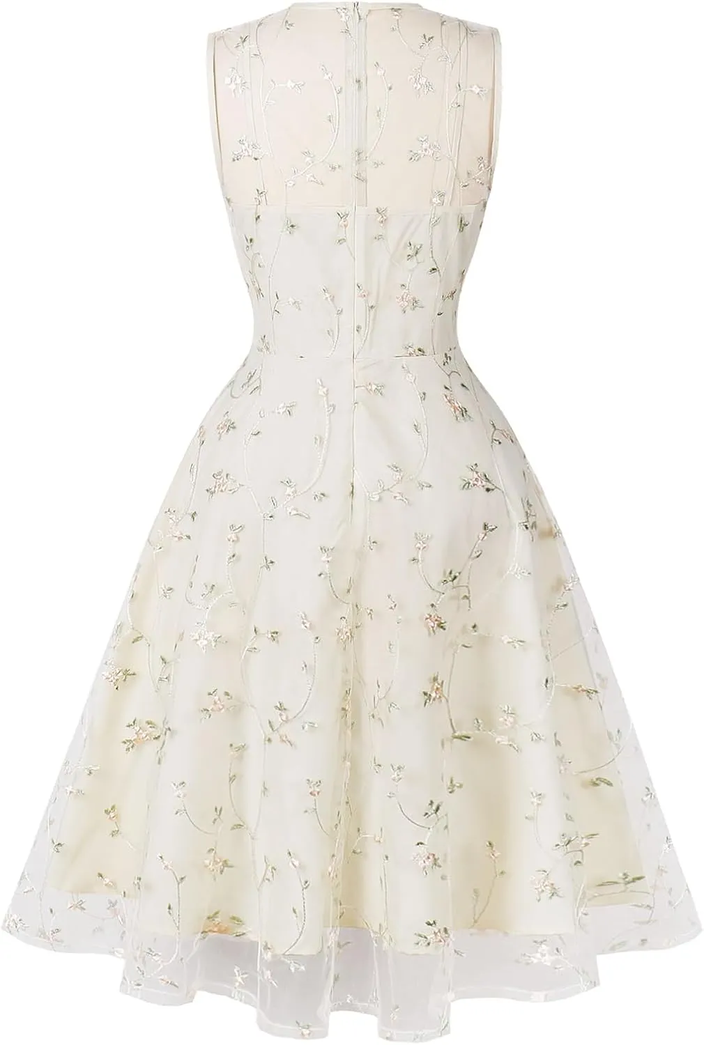Sleeveless Floral Embroidery Dress for Women Flower Embroidery Tulle Prom Dress Mesh Illusion Keyhole Wedding Party Tea Dress