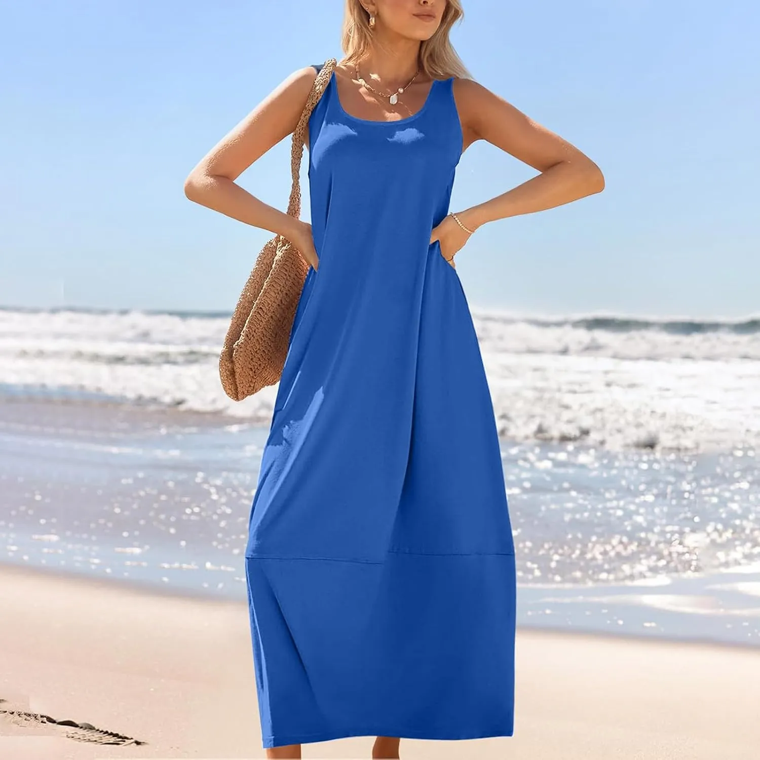 Sleeveless Maxi Dress for Women with Pockets Casual Beach Dress Relaxed Fit Summer