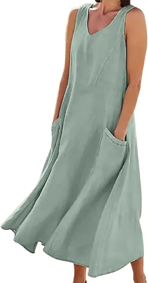 Sleeveless Maxi Long Beach Shirt Dress Women's Summer Casual Sleeveless Long Maxi Beach Dress Cotton Casual Dress