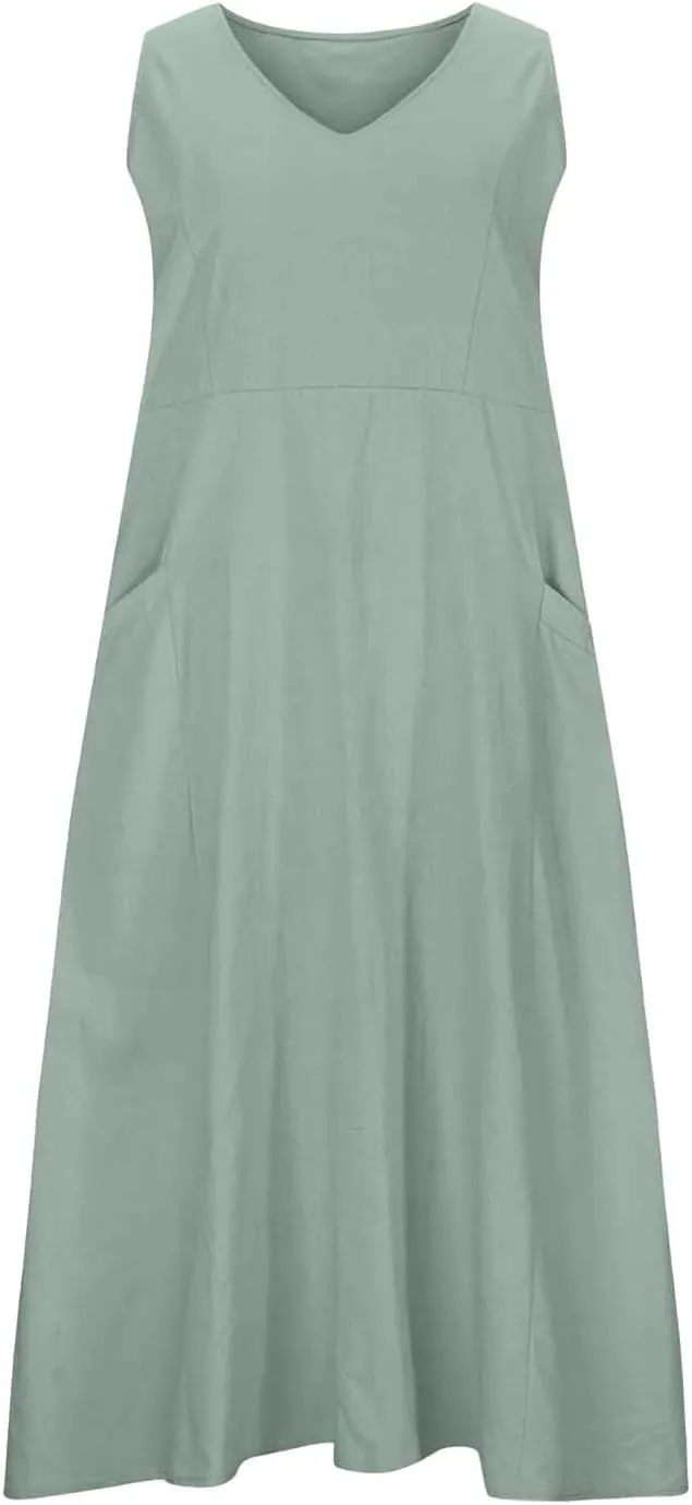 Sleeveless Maxi Long Beach Shirt Dress Women's Summer Casual Sleeveless Long Maxi Beach Dress Cotton Casual Dress