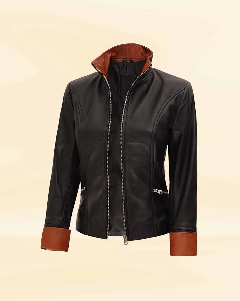 Slim fit Two tone Women Black Leather Jacket