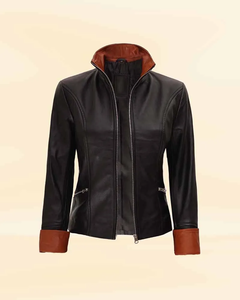 Slim fit Two tone Women Black Leather Jacket