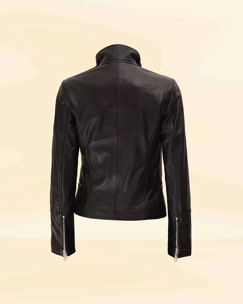 Slim fit Two tone Women Black Leather Jacket