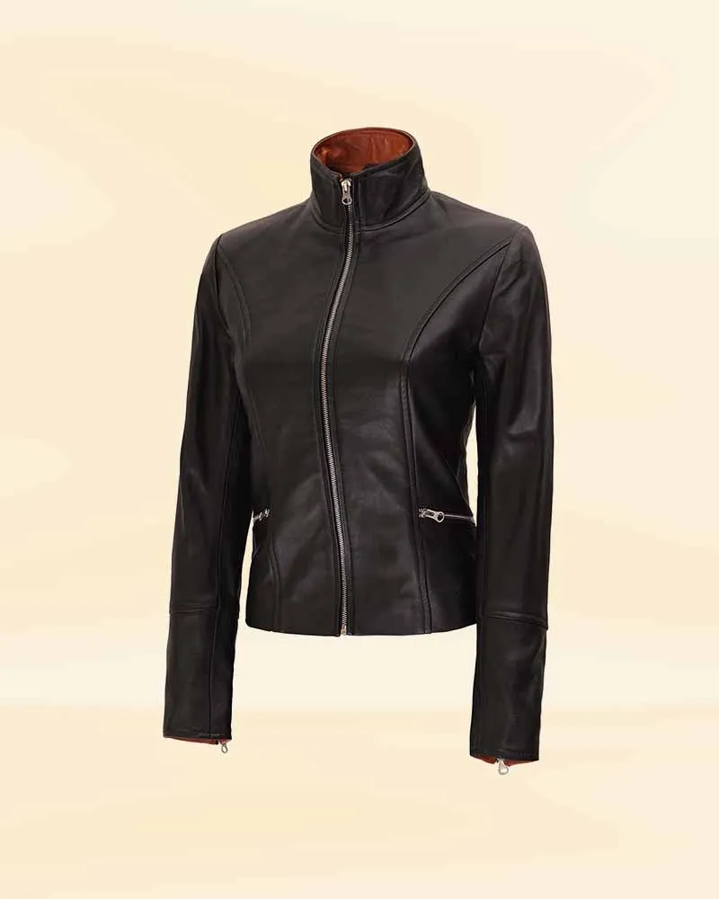 Slim fit Two tone Women Black Leather Jacket