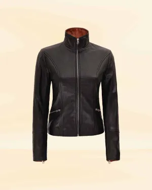 Slim fit Two tone Women Black Leather Jacket