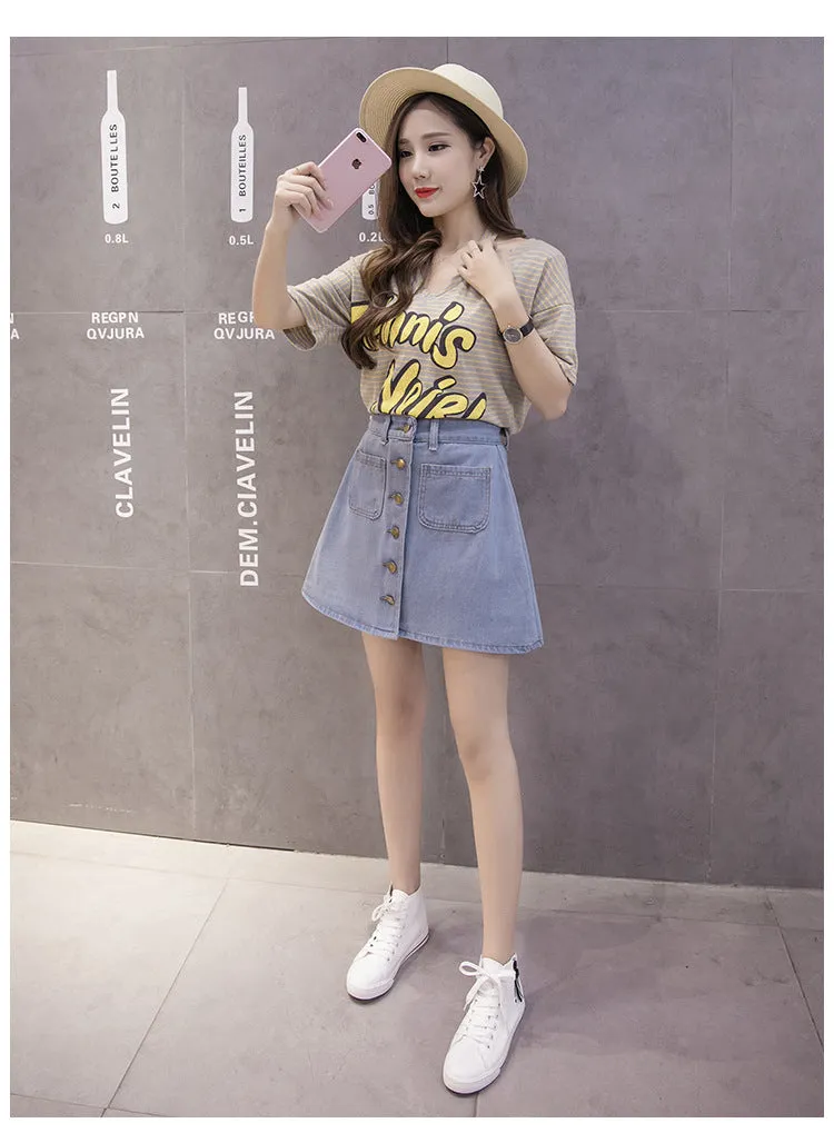 Slim Look Summer A-Line Denim Short Women Korean Skirt Single-Breasted High Waist Pants Skirt