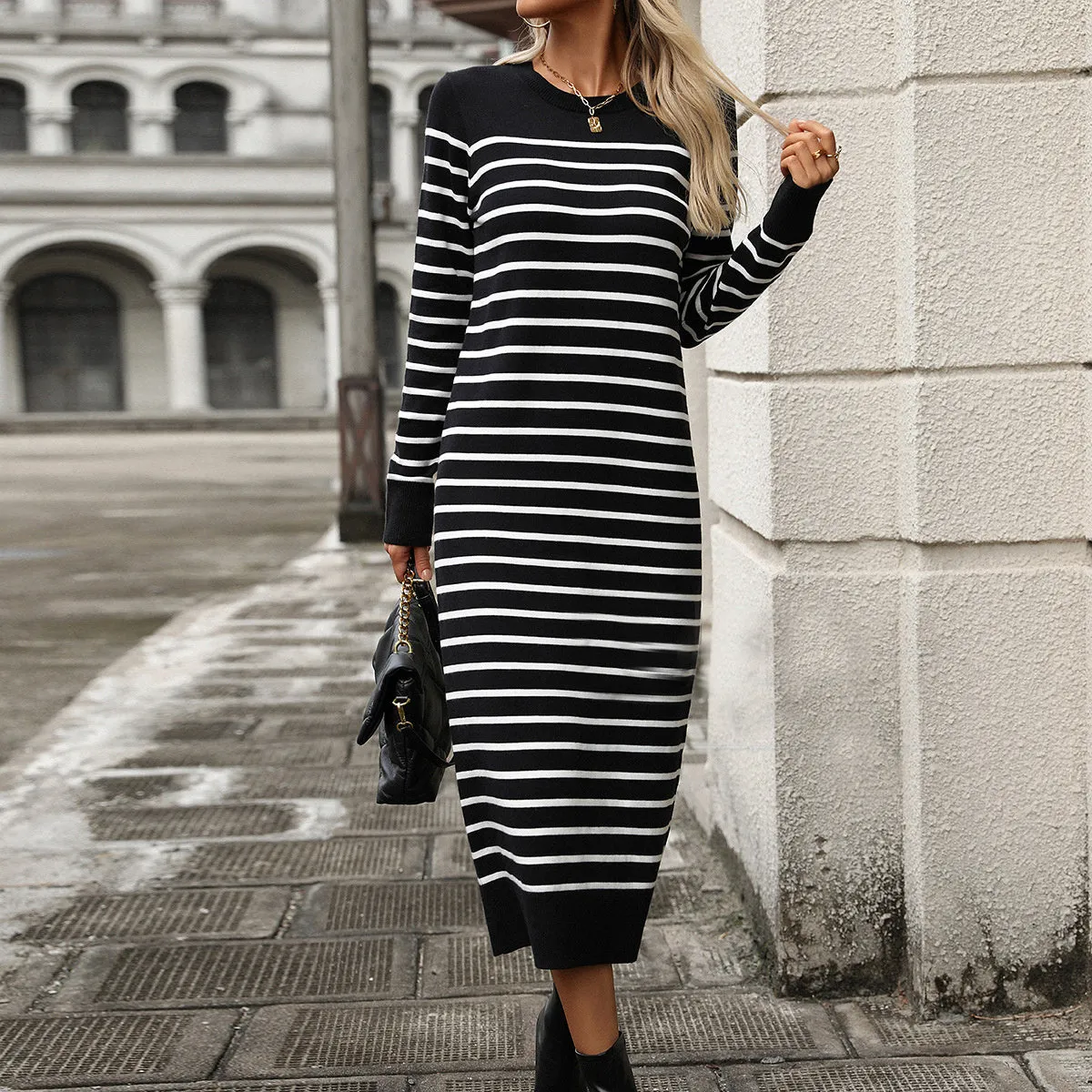 Slim Striped Printed Autumn And Winter Long Sleeve Fashion Dress
