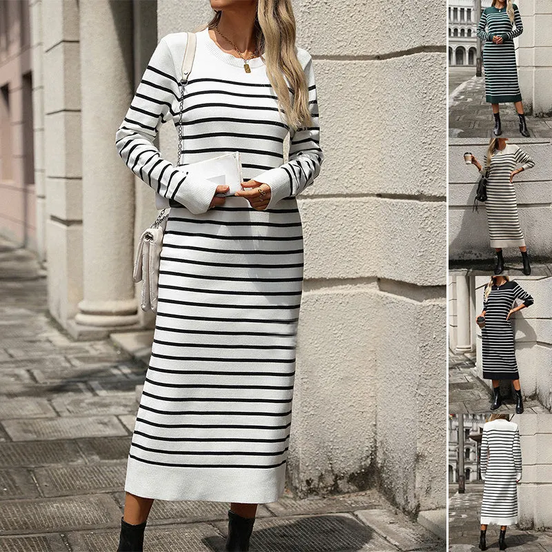 Slim Striped Printed Autumn And Winter Long Sleeve Fashion Dress