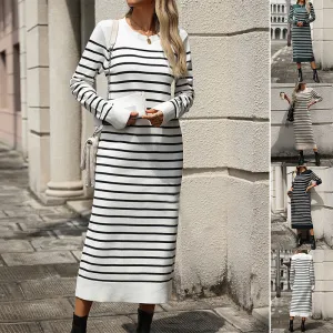 Slim Striped Printed Autumn And Winter Long Sleeve Fashion Dress