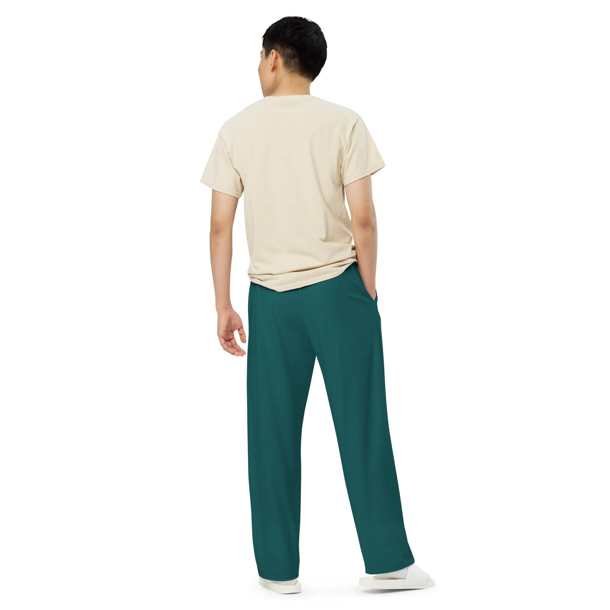 Smoke Green All-over print unisex wide-leg pants, Dark Green Casual Pants