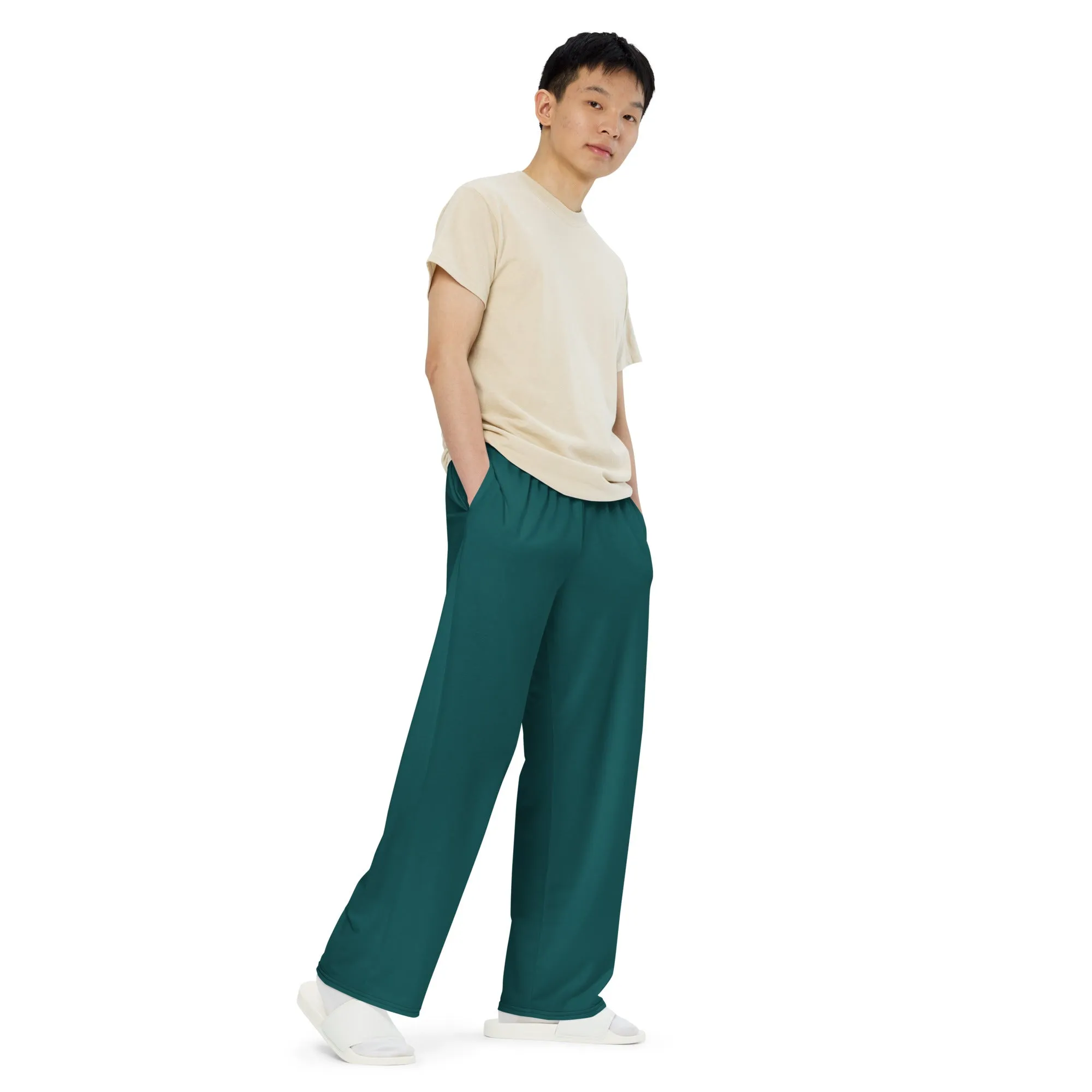 Smoke Green All-over print unisex wide-leg pants, Dark Green Casual Pants