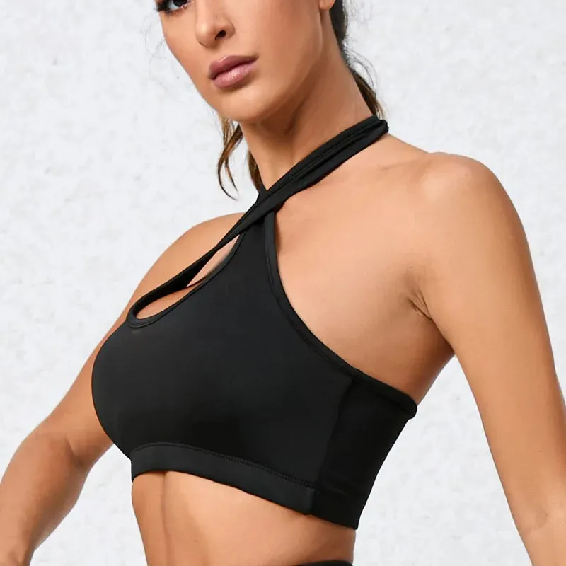 Solid Color Back Cross Women Fitness Bra Tight Sport Tank Top Shockproof Support Gym Clothes Yoga Vest With Removable Chest Pad