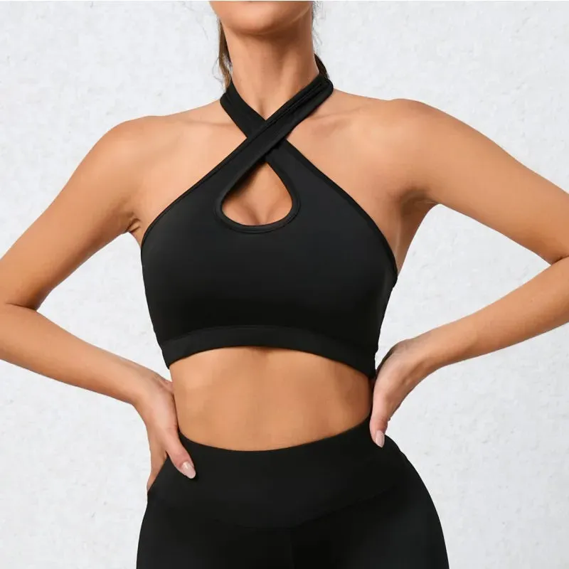 Solid Color Back Cross Women Fitness Bra Tight Sport Tank Top Shockproof Support Gym Clothes Yoga Vest With Removable Chest Pad
