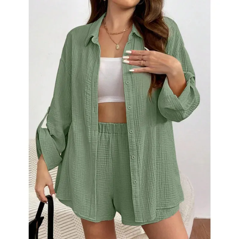 Solid Color Casual Loose Short Pants Sets For Women Elegant Summer Two Pieces Suit Full Set Stylish Outfit
