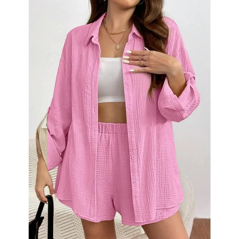 Solid Color Casual Loose Short Pants Sets For Women Elegant Summer Two Pieces Suit Full Set Stylish Outfit