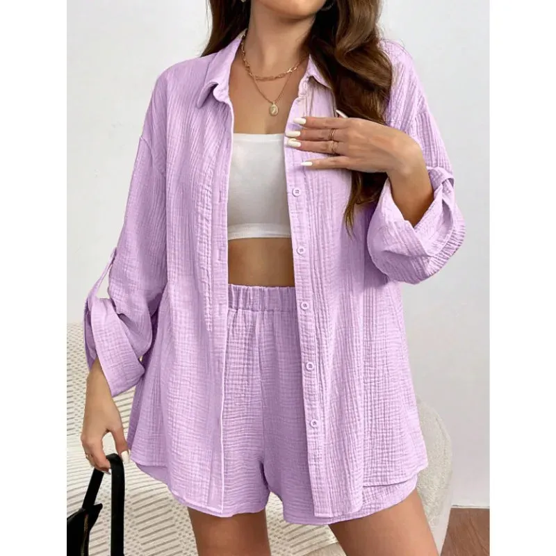 Solid Color Casual Loose Short Pants Sets For Women Elegant Summer Two Pieces Suit Full Set Stylish Outfit