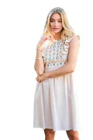 Solid Round Neck Embroidered Mini Dress