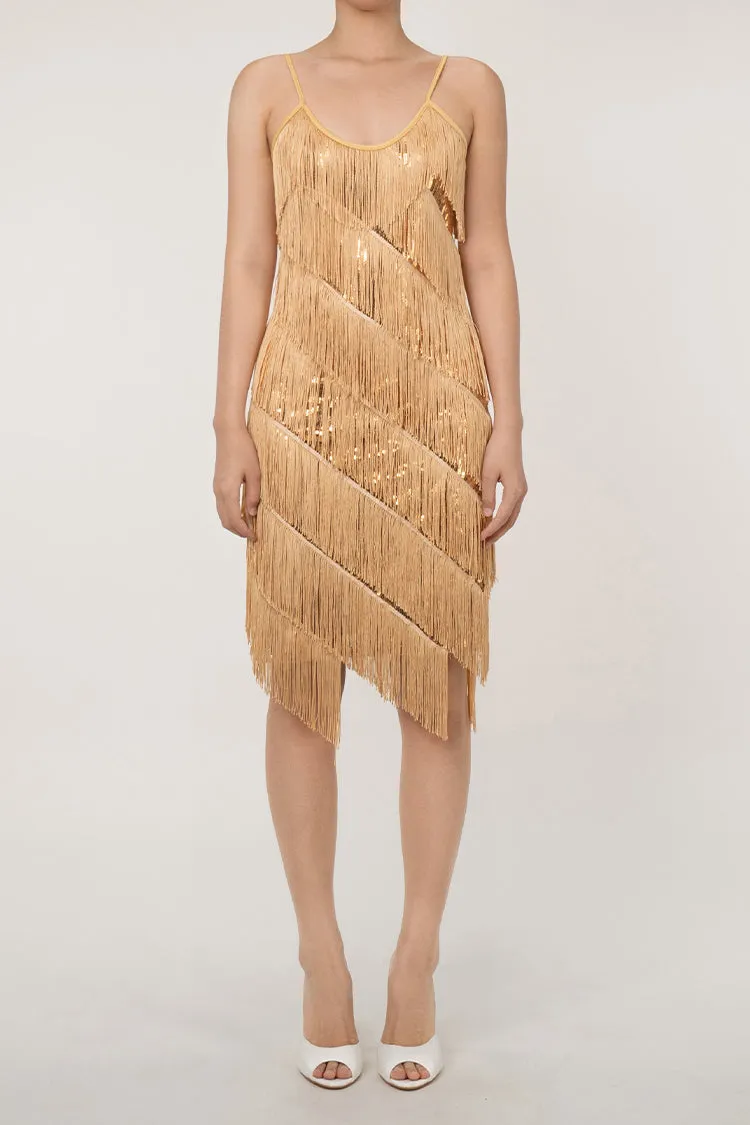 Sparkly Sequin Plunge Spaghetti Strap Tiered Fringe Mini Flapper Dress