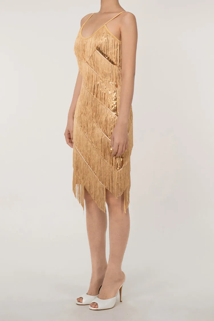 Sparkly Sequin Plunge Spaghetti Strap Tiered Fringe Mini Flapper Dress