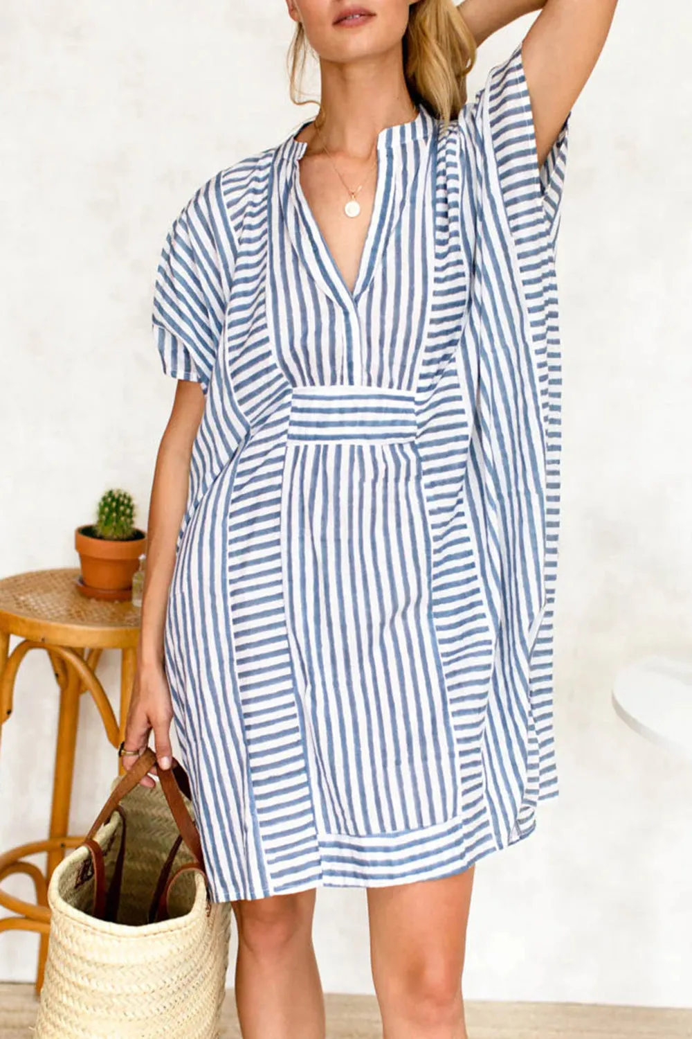 Striped Notched Short Sleeve Tunic Mini Dress 100% Cotton Women's Casual Beach Summer Dress