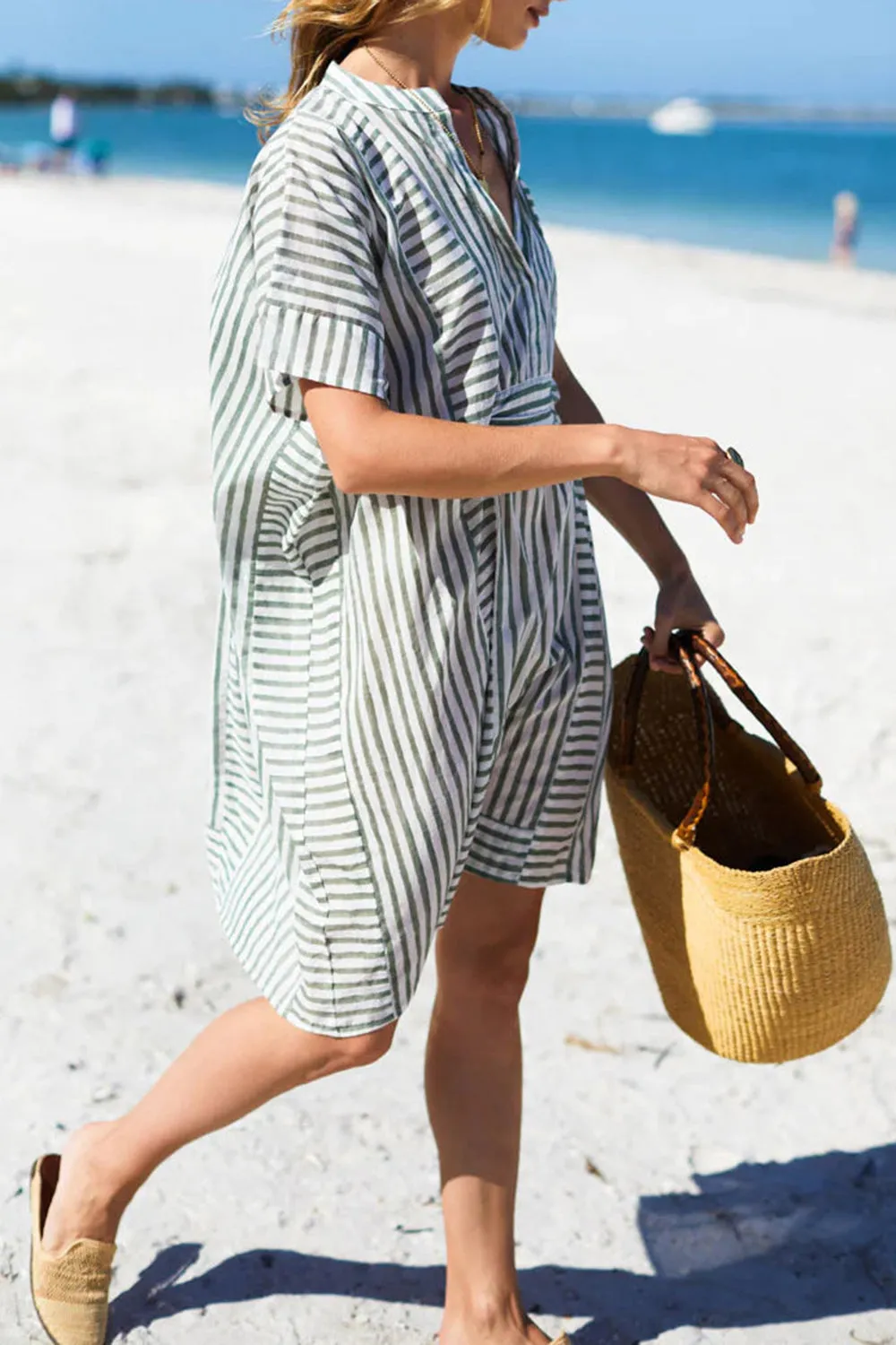 Striped Notched Short Sleeve Tunic Mini Dress 100% Cotton Women's Casual Beach Summer Dress