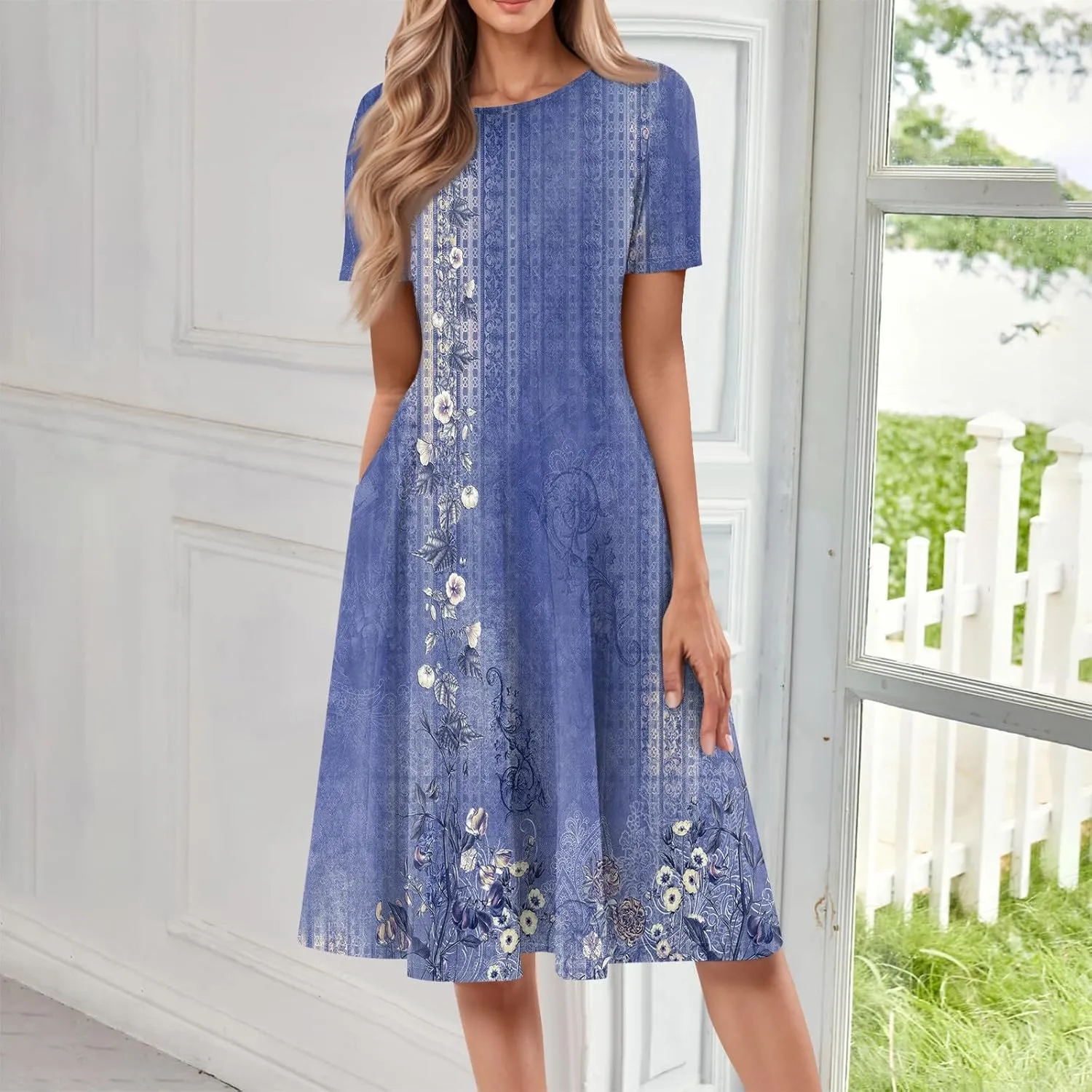 Summer Dresses for Women 2025 Bohemian Floral Short Sleeve Round Neck Midi Dress Flowy A Line Vacation Beach Dress