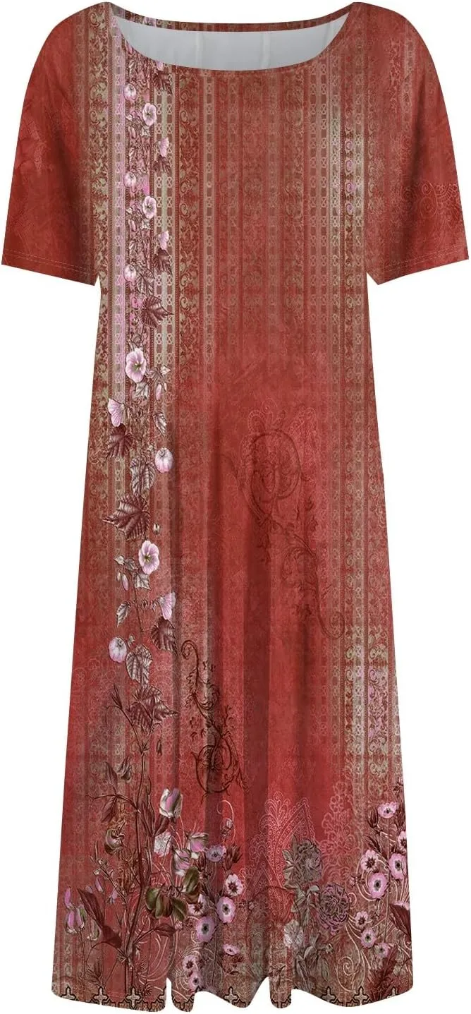 Summer Dresses for Women 2025 Bohemian Floral Short Sleeve Round Neck Midi Dress Flowy A Line Vacation Beach Dress