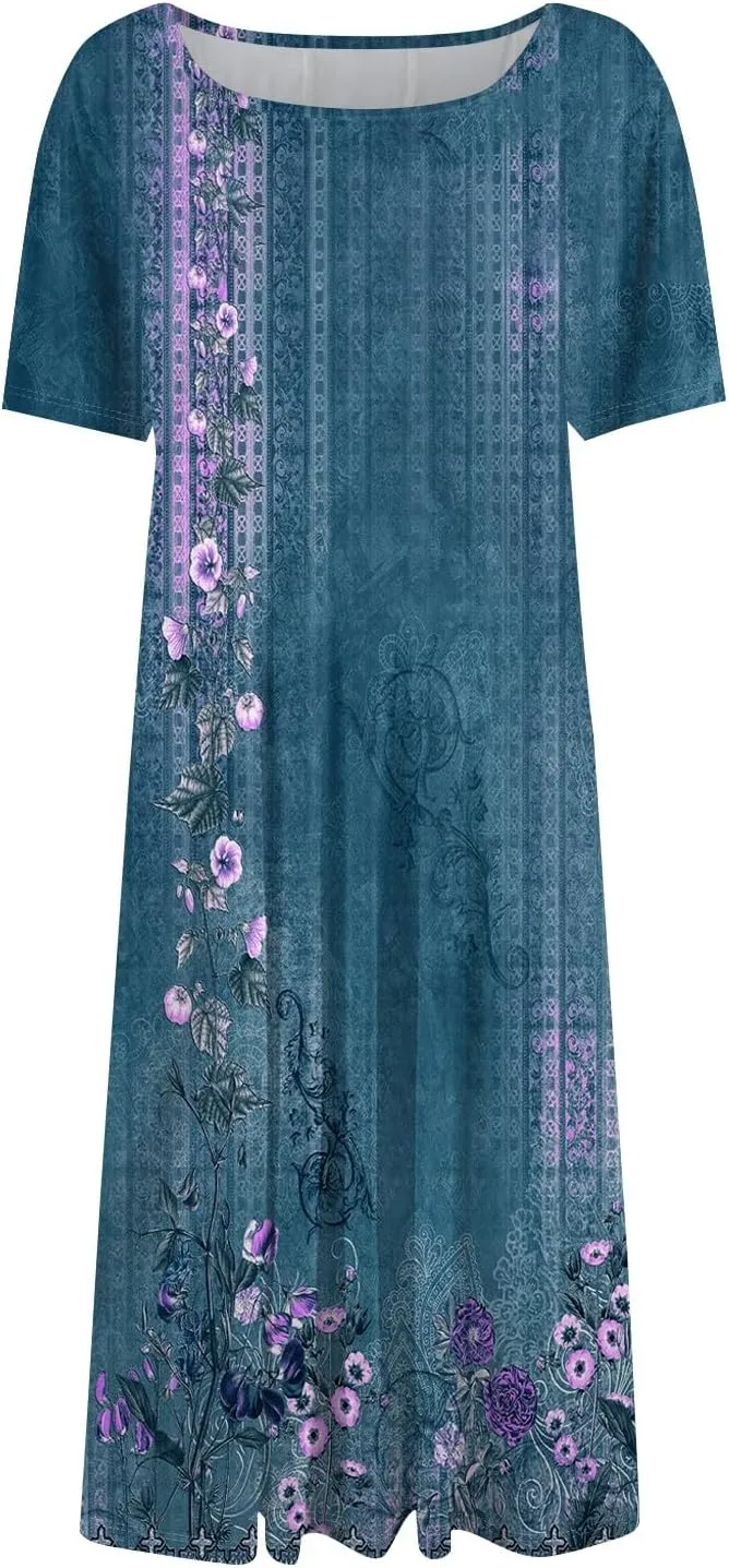 Summer Dresses for Women 2025 Bohemian Floral Short Sleeve Round Neck Midi Dress Flowy A Line Vacation Beach Dress