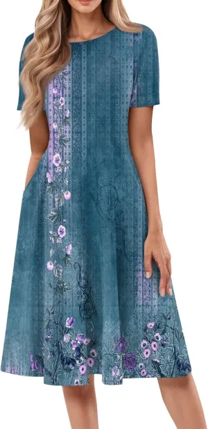 Summer Dresses for Women 2025 Bohemian Floral Short Sleeve Round Neck Midi Dress Flowy A Line Vacation Beach Dress
