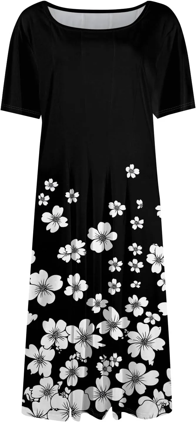 Summer Dresses for Women 2025 Bohemian Floral Short Sleeve Round Neck Midi Dress Flowy A Line Vacation Beach Dress