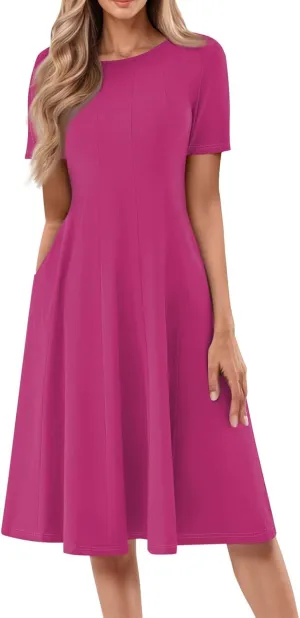 Summer Dresses for Women 2025 Bohemian Floral Short Sleeve Round Neck Midi Dress Flowy A Line Vacation Beach Dress