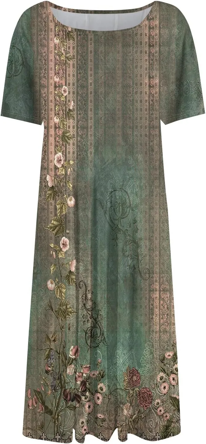 Summer Dresses for Women 2025 Bohemian Floral Short Sleeve Round Neck Midi Dress Flowy A Line Vacation Beach Dress