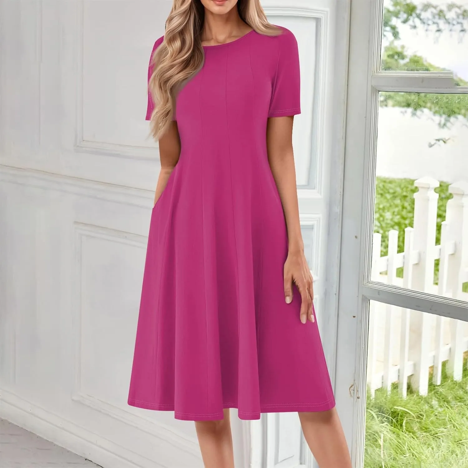 Summer Dresses for Women 2025 Bohemian Floral Short Sleeve Round Neck Midi Dress Flowy A Line Vacation Beach Dress