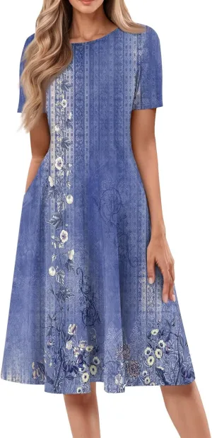 Summer Dresses for Women 2025 Bohemian Floral Short Sleeve Round Neck Midi Dress Flowy A Line Vacation Beach Dress