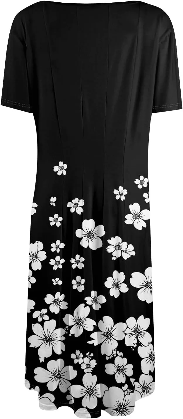 Summer Dresses for Women 2025 Bohemian Floral Short Sleeve Round Neck Midi Dress Flowy A Line Vacation Beach Dress