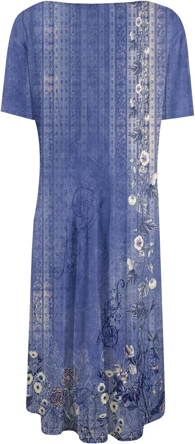 Summer Dresses for Women 2025 Bohemian Floral Short Sleeve Round Neck Midi Dress Flowy A Line Vacation Beach Dress