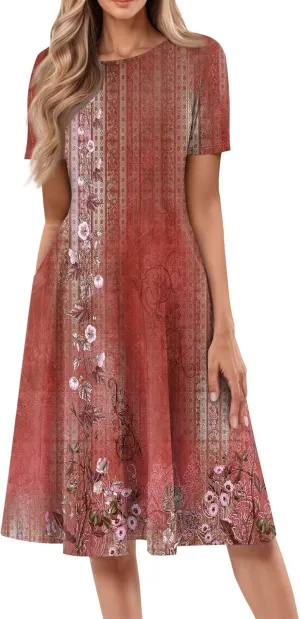 Summer Dresses for Women 2025 Bohemian Floral Short Sleeve Round Neck Midi Dress Flowy A Line Vacation Beach Dress