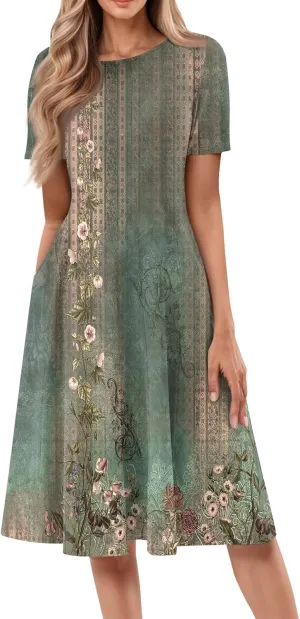 Summer Dresses for Women 2025 Bohemian Floral Short Sleeve Round Neck Midi Dress Flowy A Line Vacation Beach Dress