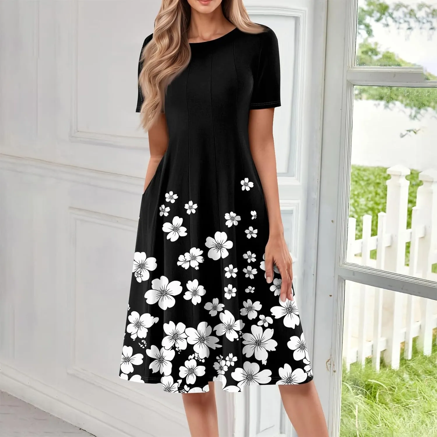 Summer Dresses for Women 2025 Bohemian Floral Short Sleeve Round Neck Midi Dress Flowy A Line Vacation Beach Dress