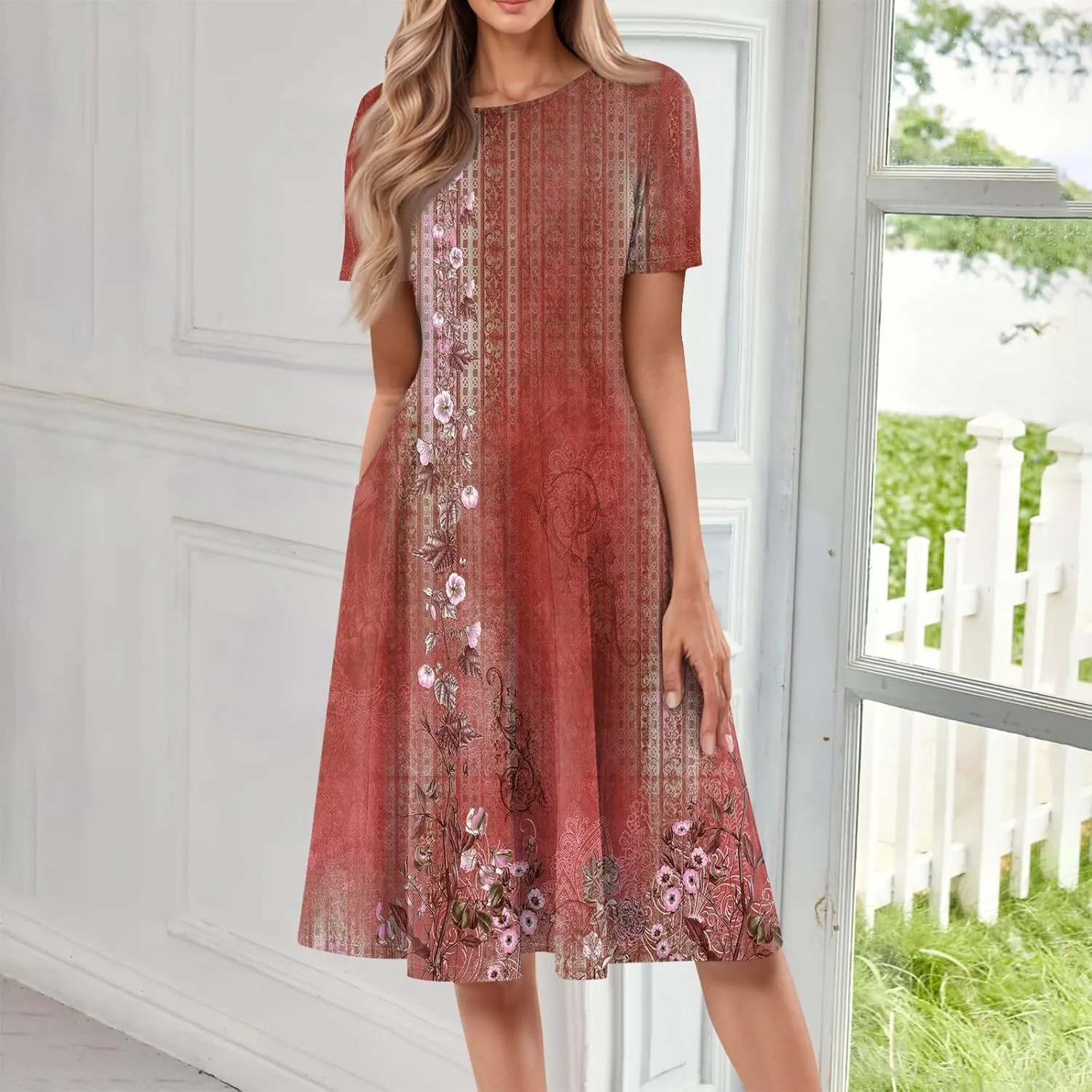 Summer Dresses for Women 2025 Bohemian Floral Short Sleeve Round Neck Midi Dress Flowy A Line Vacation Beach Dress