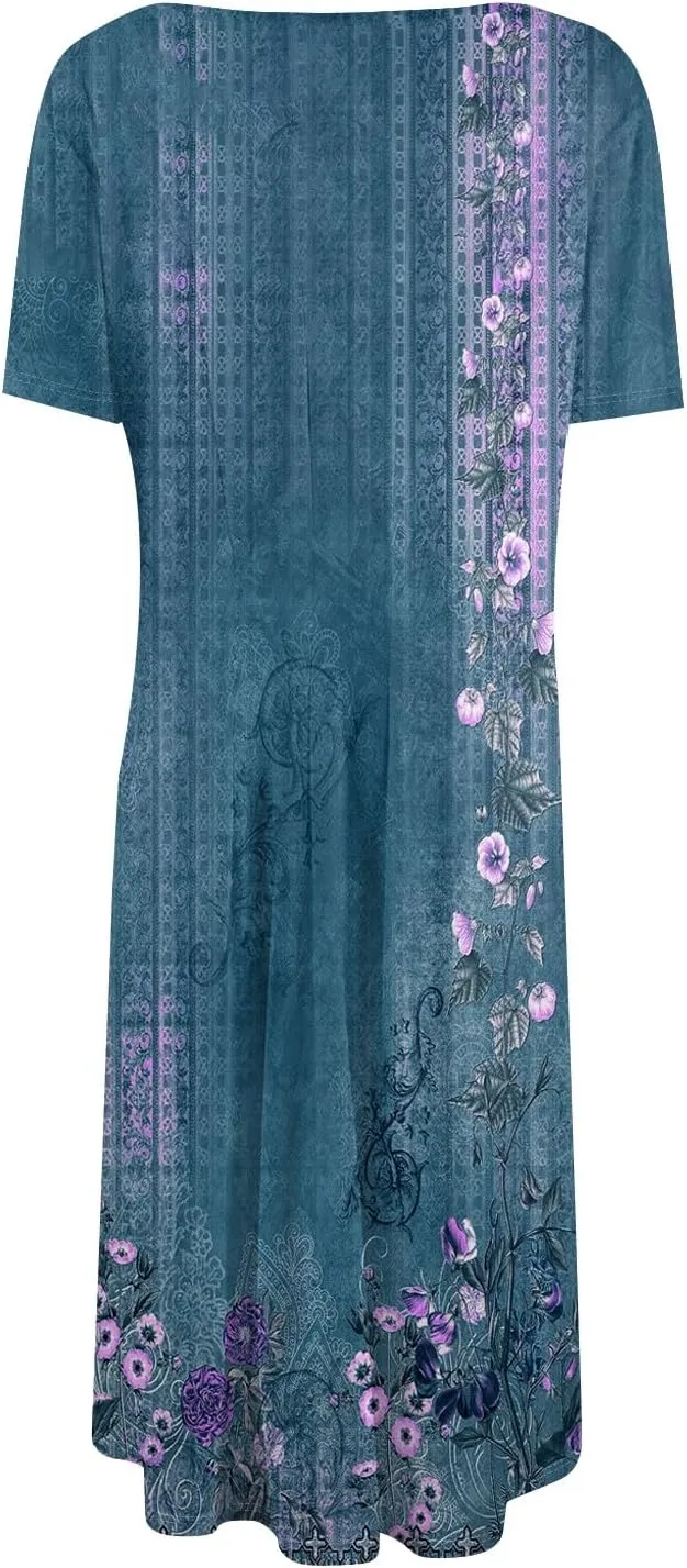 Summer Dresses for Women 2025 Bohemian Floral Short Sleeve Round Neck Midi Dress Flowy A Line Vacation Beach Dress