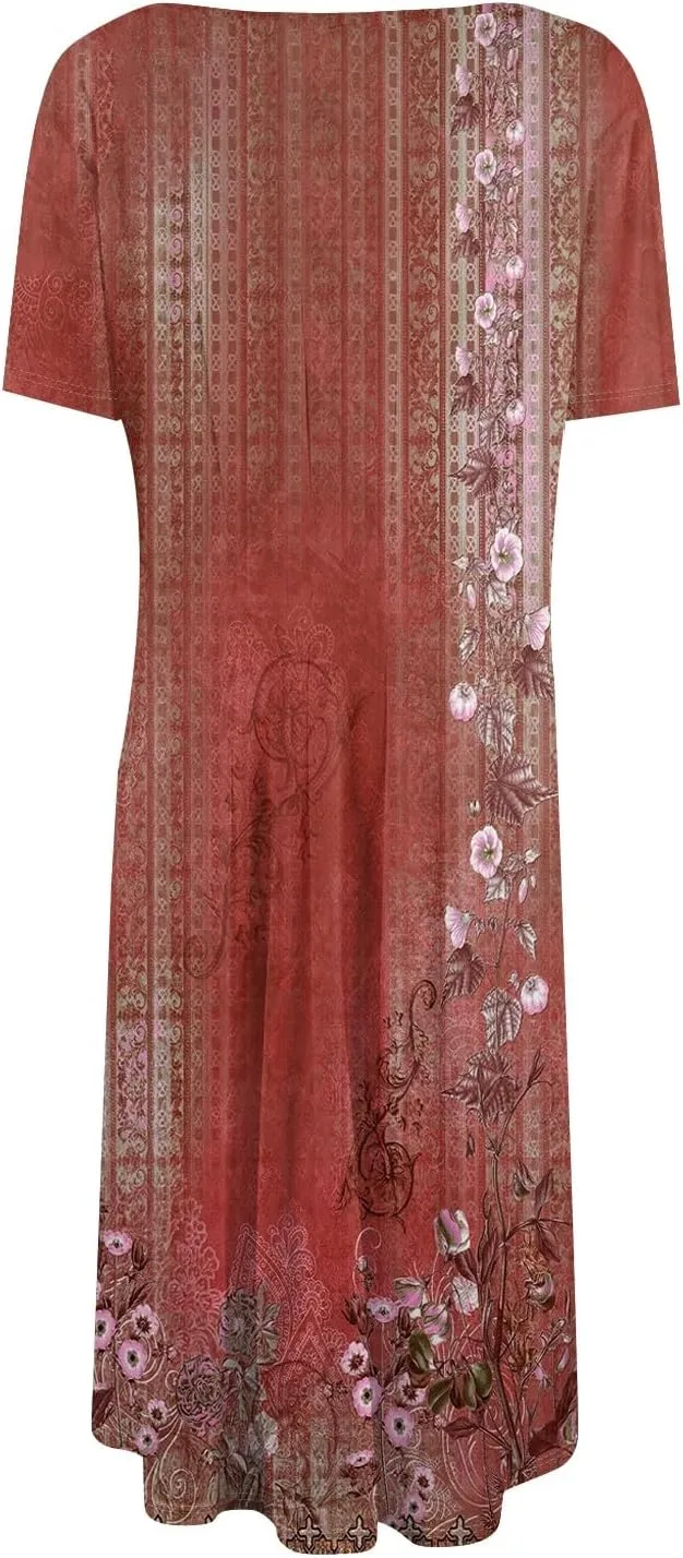 Summer Dresses for Women 2025 Bohemian Floral Short Sleeve Round Neck Midi Dress Flowy A Line Vacation Beach Dress