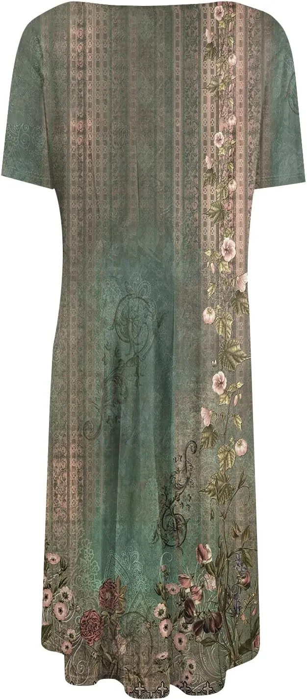 Summer Dresses for Women 2025 Bohemian Floral Short Sleeve Round Neck Midi Dress Flowy A Line Vacation Beach Dress