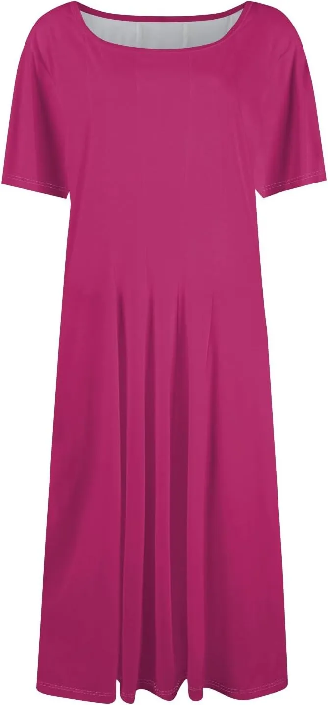 Summer Dresses for Women 2025 Bohemian Floral Short Sleeve Round Neck Midi Dress Flowy A Line Vacation Beach Dress