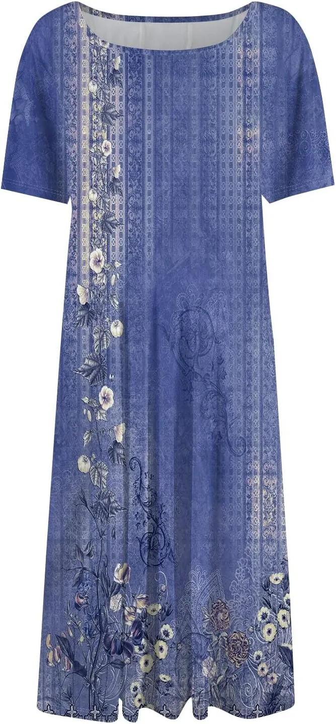 Summer Dresses for Women 2025 Bohemian Floral Short Sleeve Round Neck Midi Dress Flowy A Line Vacation Beach Dress