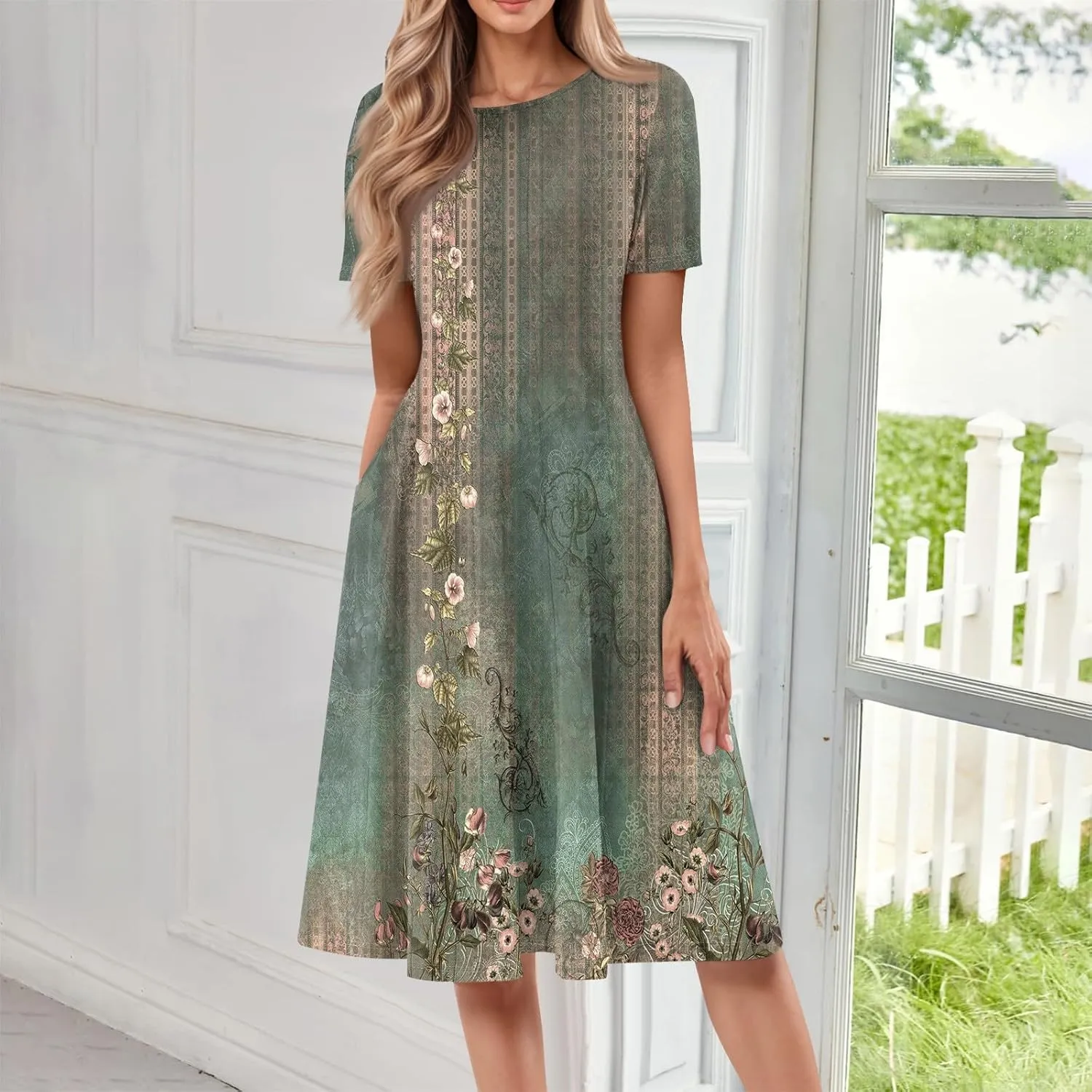 Summer Dresses for Women 2025 Bohemian Floral Short Sleeve Round Neck Midi Dress Flowy A Line Vacation Beach Dress