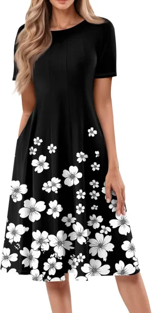 Summer Dresses for Women 2025 Bohemian Floral Short Sleeve Round Neck Midi Dress Flowy A Line Vacation Beach Dress