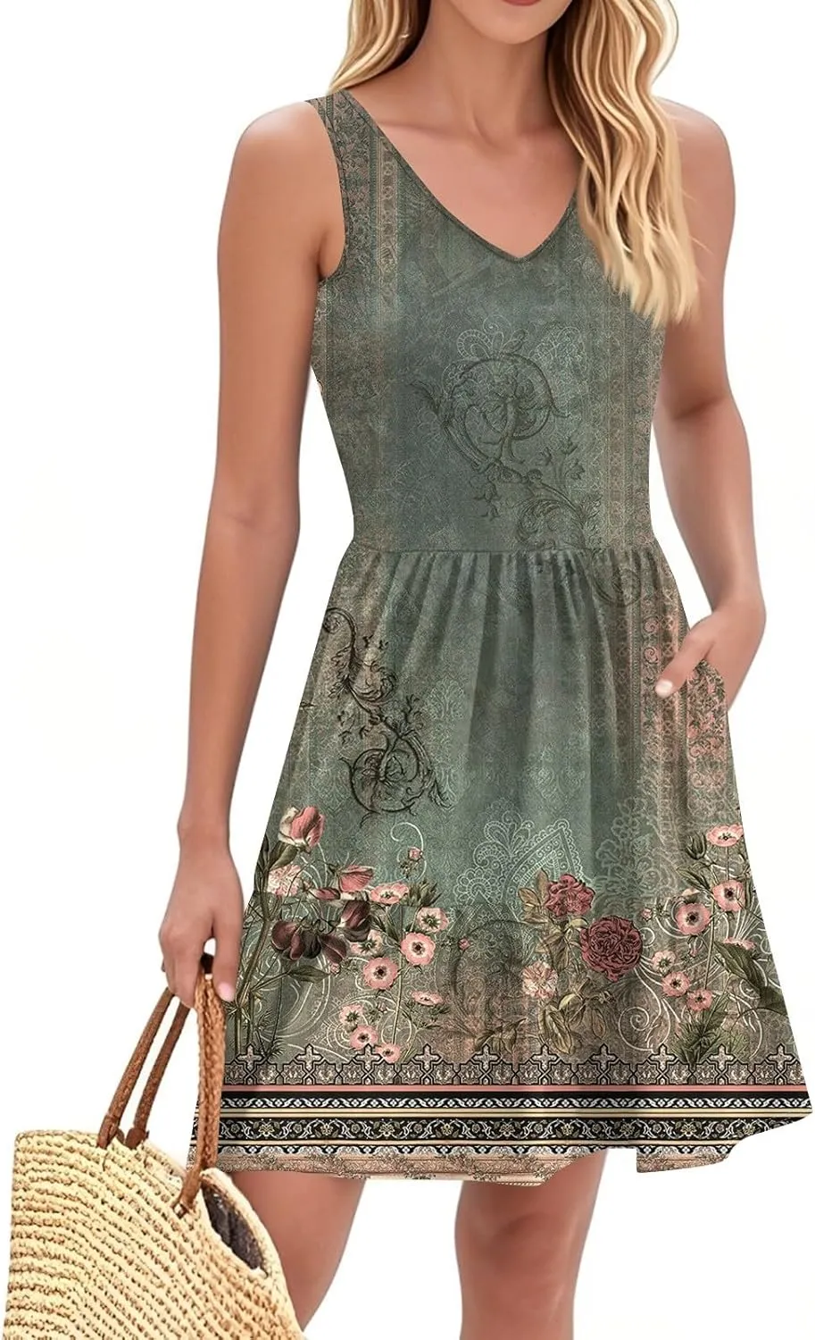 Summer Dresses for Women 2025 Casual Beach Vacation Dress Loose V Neck Sundress Sleeveless Tank Dress with Pockets