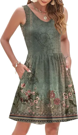Summer Dresses for Women 2025 Casual Beach Vacation Dress Loose V Neck Sundress Sleeveless Tank Dress with Pockets