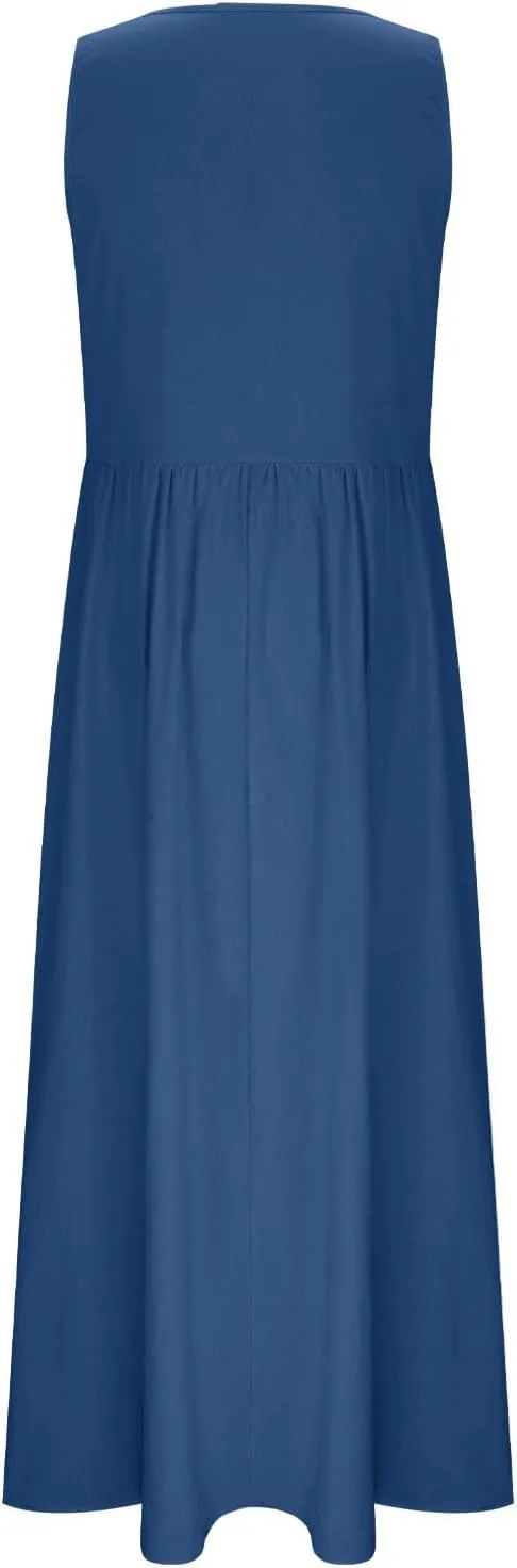 Summer Dresses for Women 2025 Casual Sleeveless Solid Color Sundress Loose Fit Round Neck Vacation Beach Dress